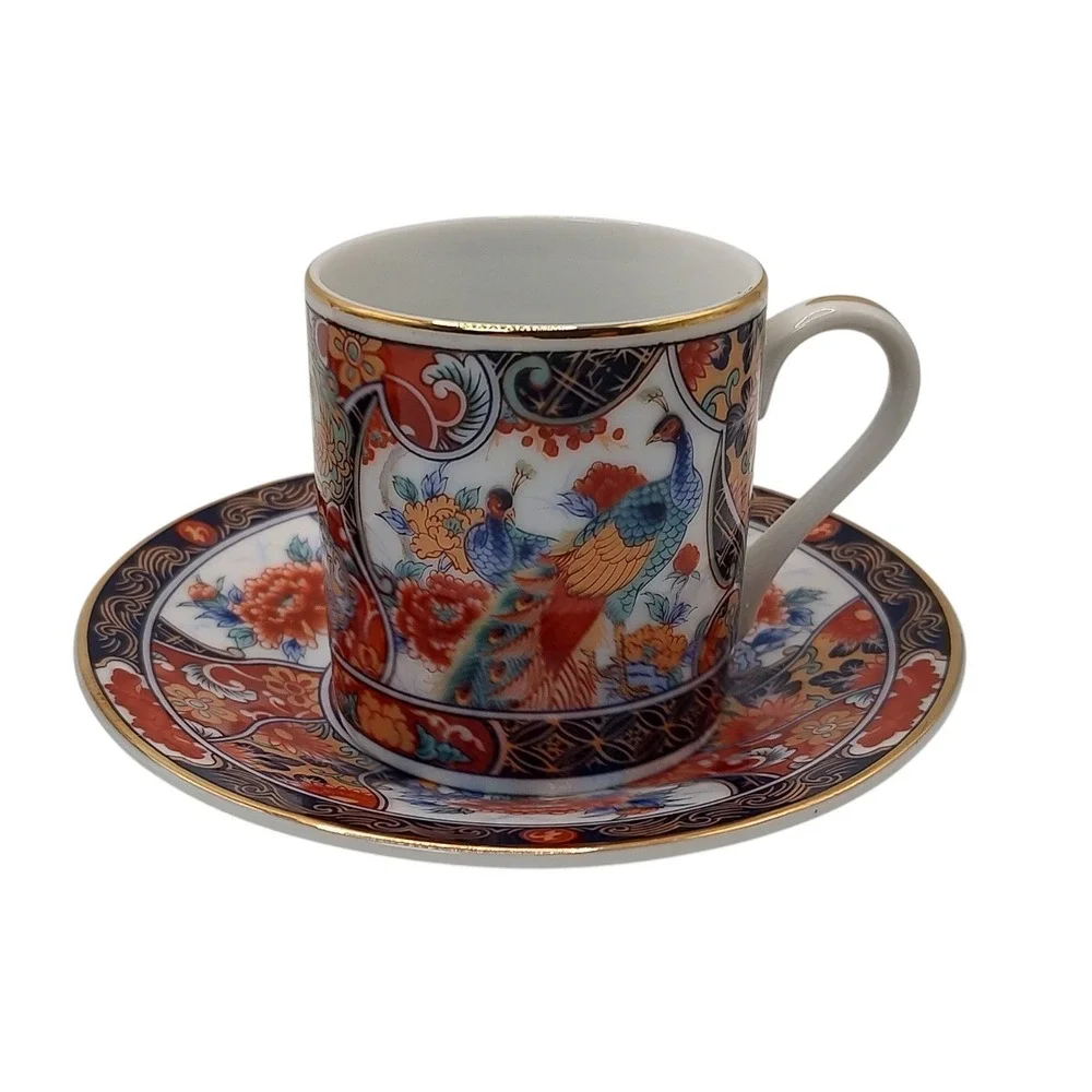 Vintage Japanese Imari Arita Demitasse‎ Cups Saucers Peacock Handmade Four Piece
